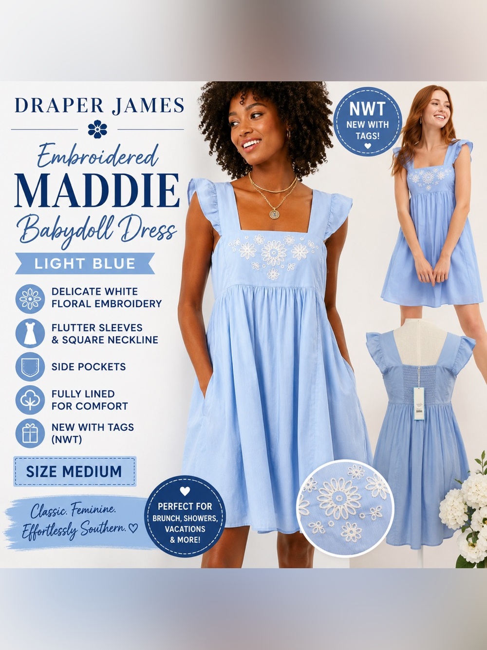 NWT Draper James Embroidered Maddie Babydoll Dress Light Blue Size Medium Lined - Picture 2 of 16